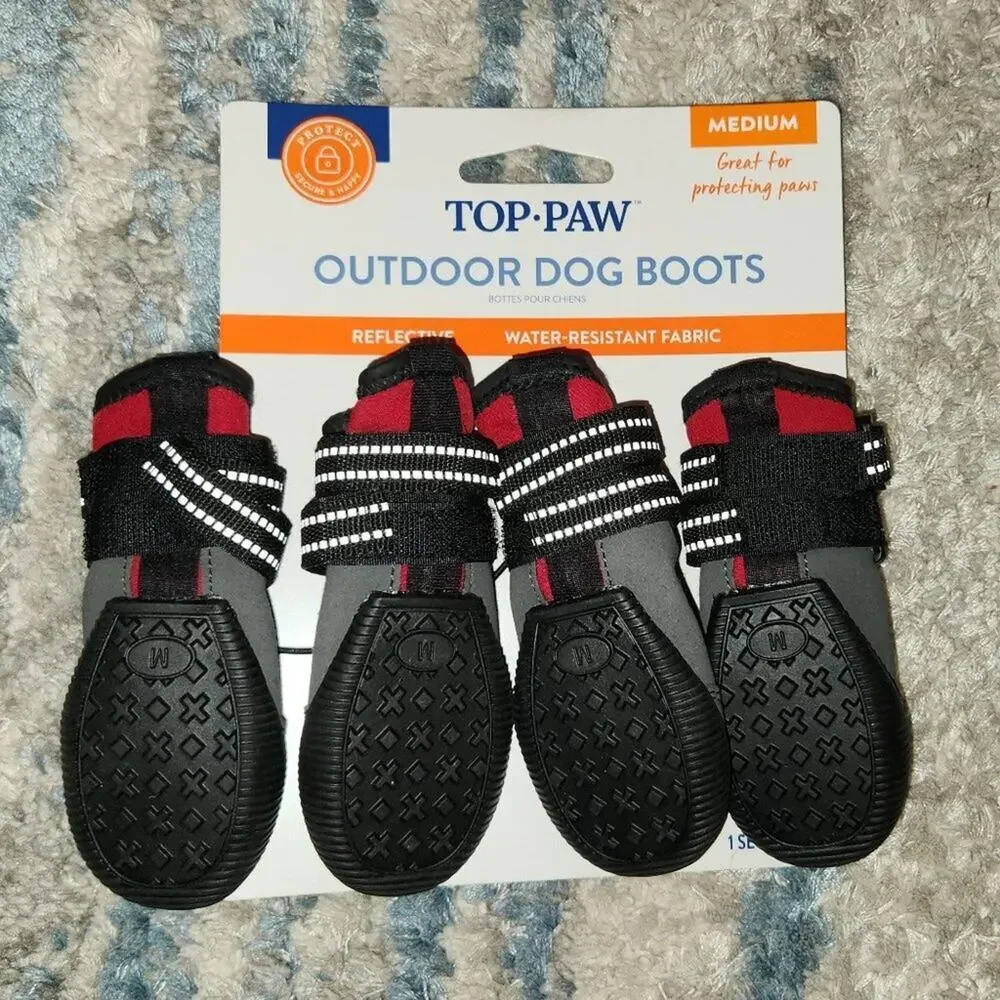 Top Paw Outdoor Red Reflective Protective  Water Resistant Dog Boots Medium